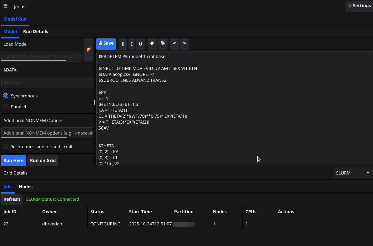 Janus SLURM grid integration showing live job status