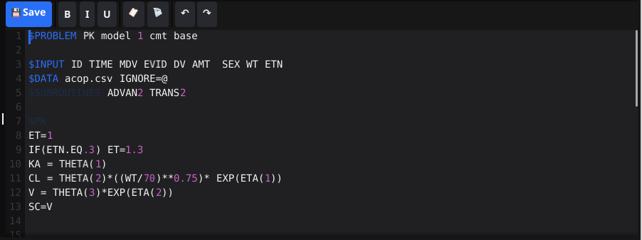 Janus syntax-highlighted NONMEM control stream